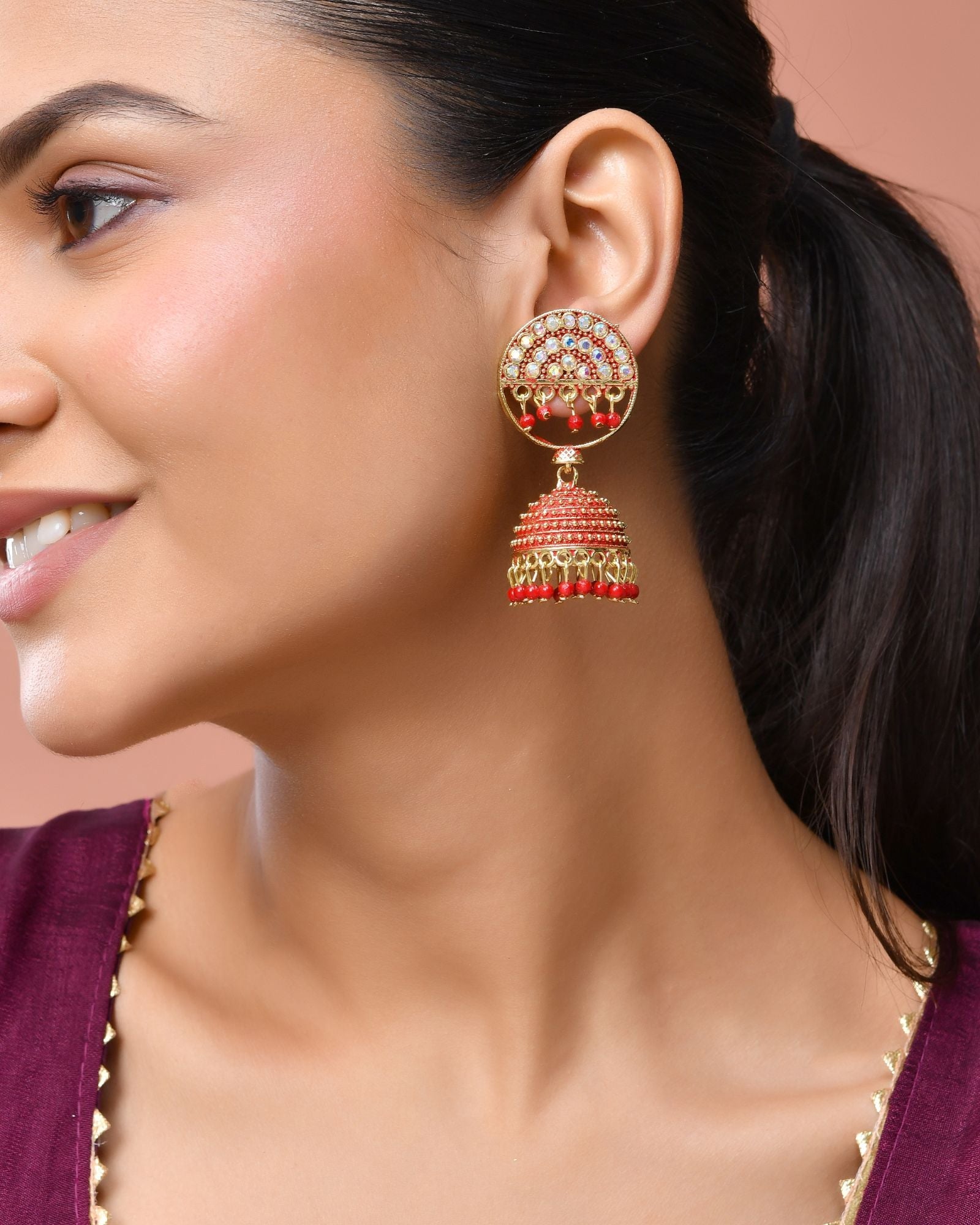 Jewels Nest Gold Plated Kundan Studded Red Bead Jhumka Earrings For Women | Grab2Buy