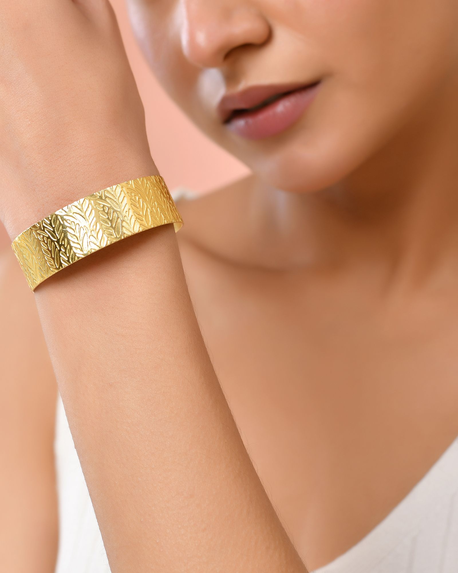 Jewels Nest Gold-Tone Anti- Tarnish Leaf Textured Wide Cuff Bangle For Women | Grab2Buy
