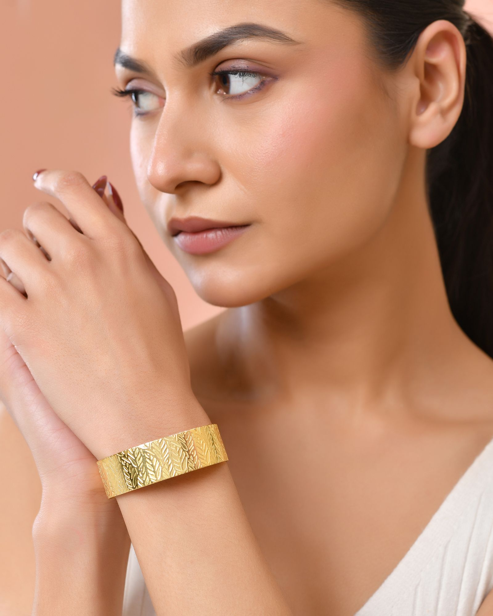 Jewels Nest Gold-Tone Anti- Tarnish Leaf Textured Wide Cuff Bangle For Women | Grab2Buy