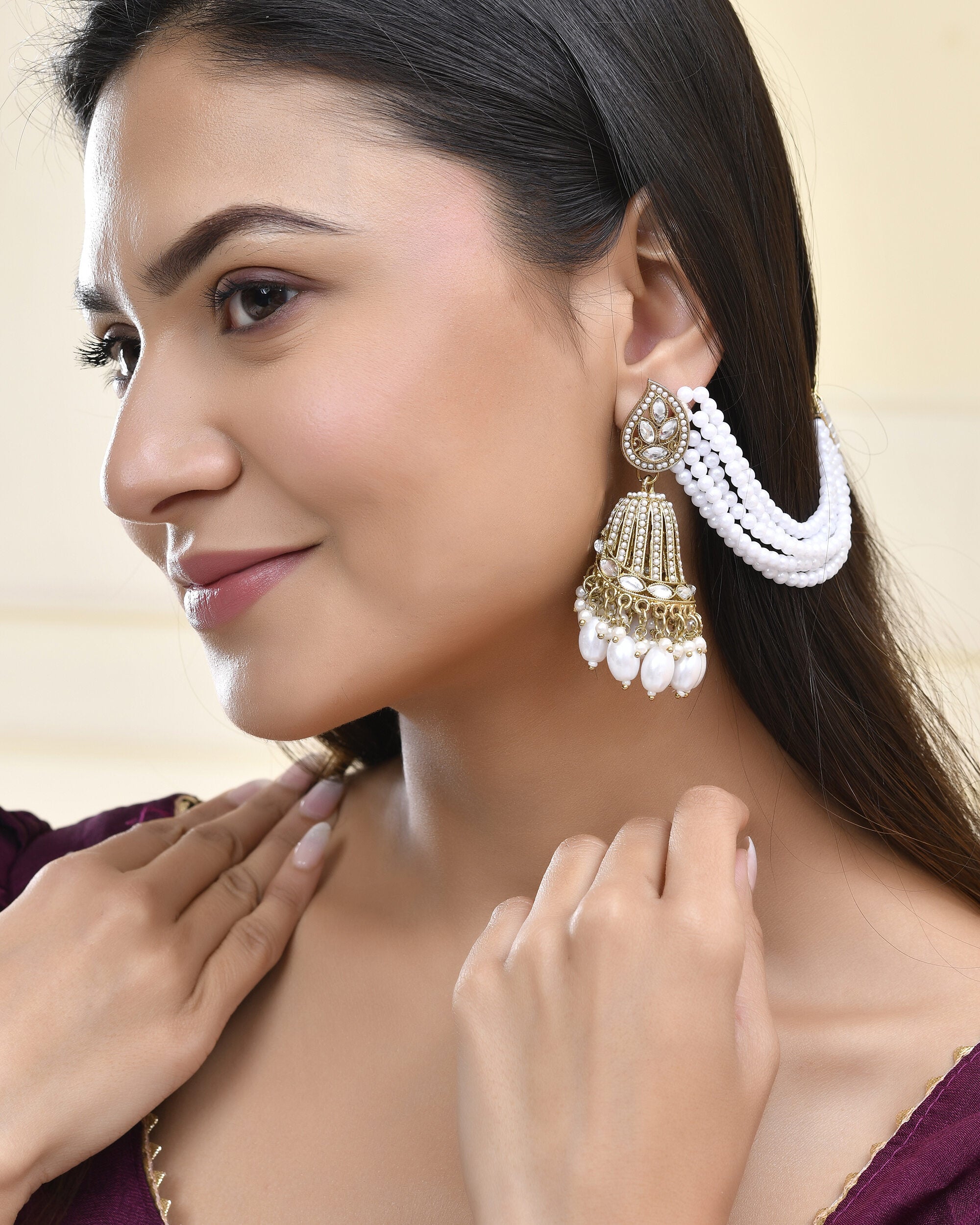 Jewels Nest Grand Traditional Gold and Pearl Jhumka Earrings with Kundan and Layered Pearl Strings | Grab2Buy