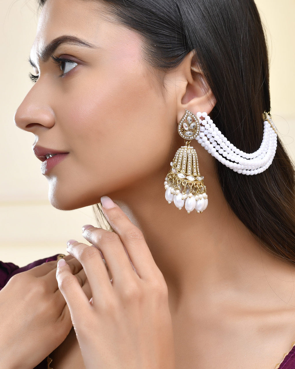 Jewels Nest Grand Traditional Gold and Pearl Jhumka Earrings with Kundan and Layered Pearl Strings | Grab2Buy