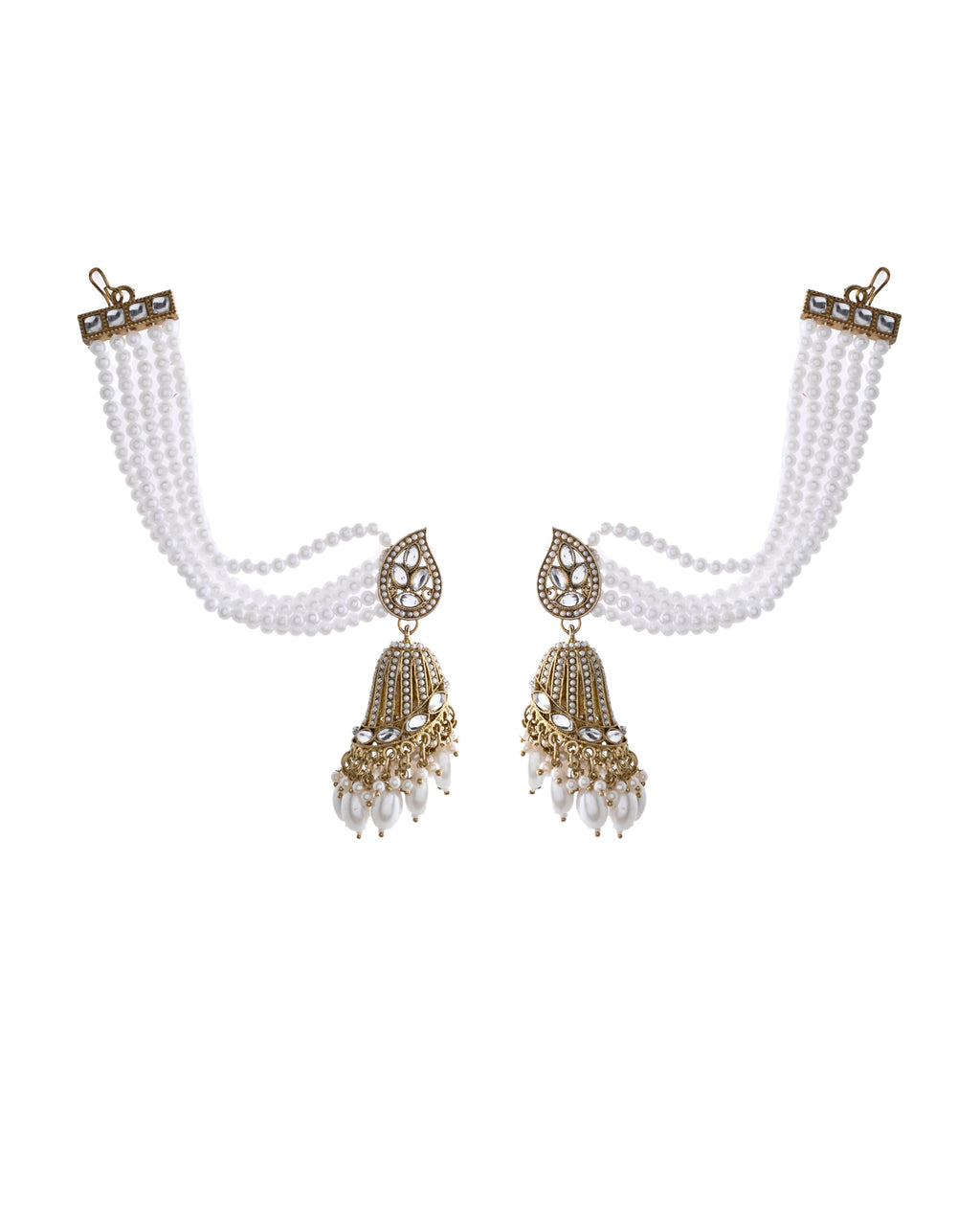 Jewels Nest Grand Traditional Gold and Pearl Jhumka Earrings with Kundan and Layered Pearl Strings | Grab2Buy