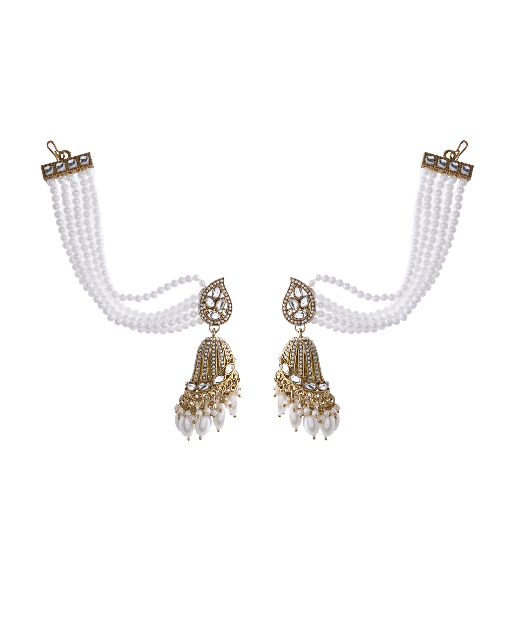 Jewels Nest Grand Traditional Gold and Pearl Jhumka Earrings with Kundan and Layered Pearl Strings | Grab2Buy