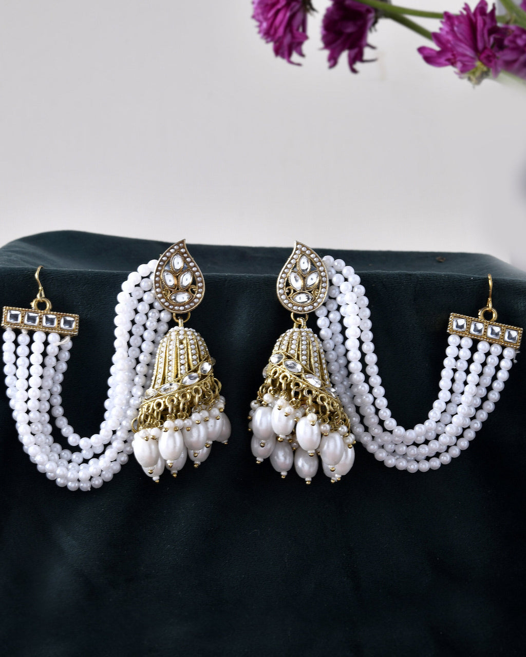 Jewels Nest Grand Traditional Gold and Pearl Jhumka Earrings with Kundan and Layered Pearl Strings | Grab2Buy