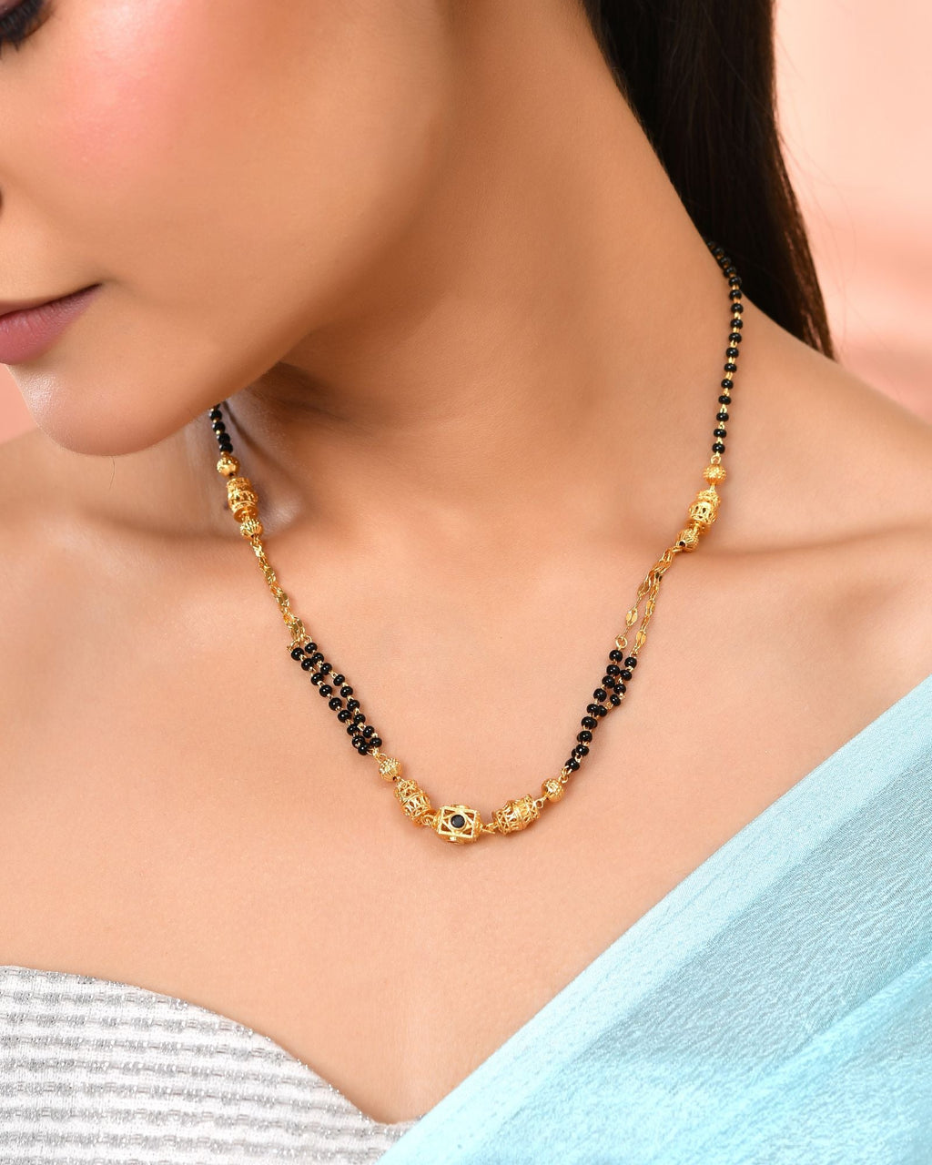Jewels Nest Gold-Plated Black Beads Mangalsutra With Geometric Filigree Accent | Grab2Buy