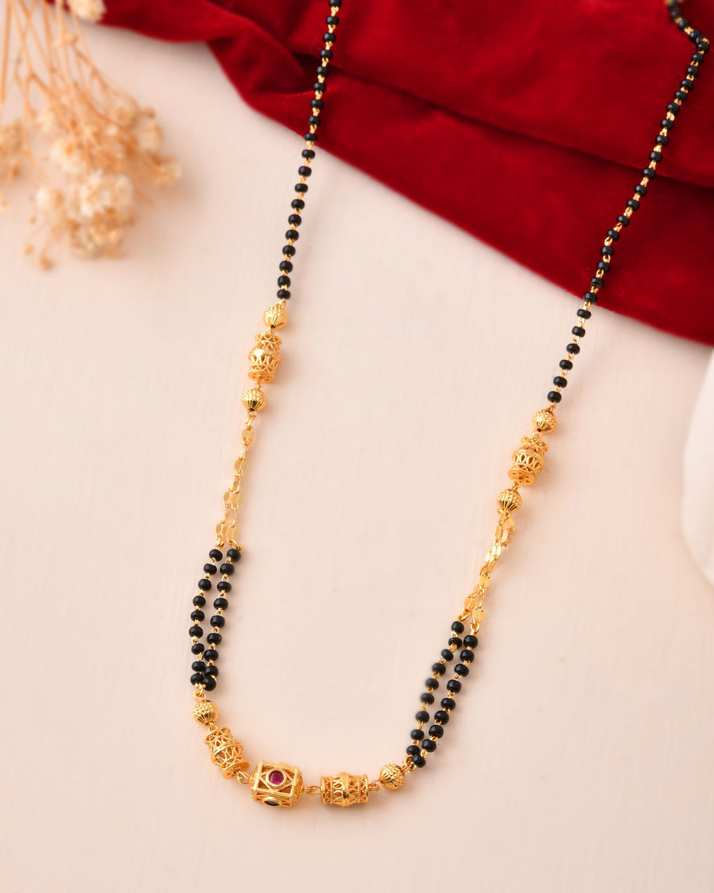Jewels Nest Gold-Plated Black Beads Mangalsutra With Geometric Filigree Accent | Grab2Buy