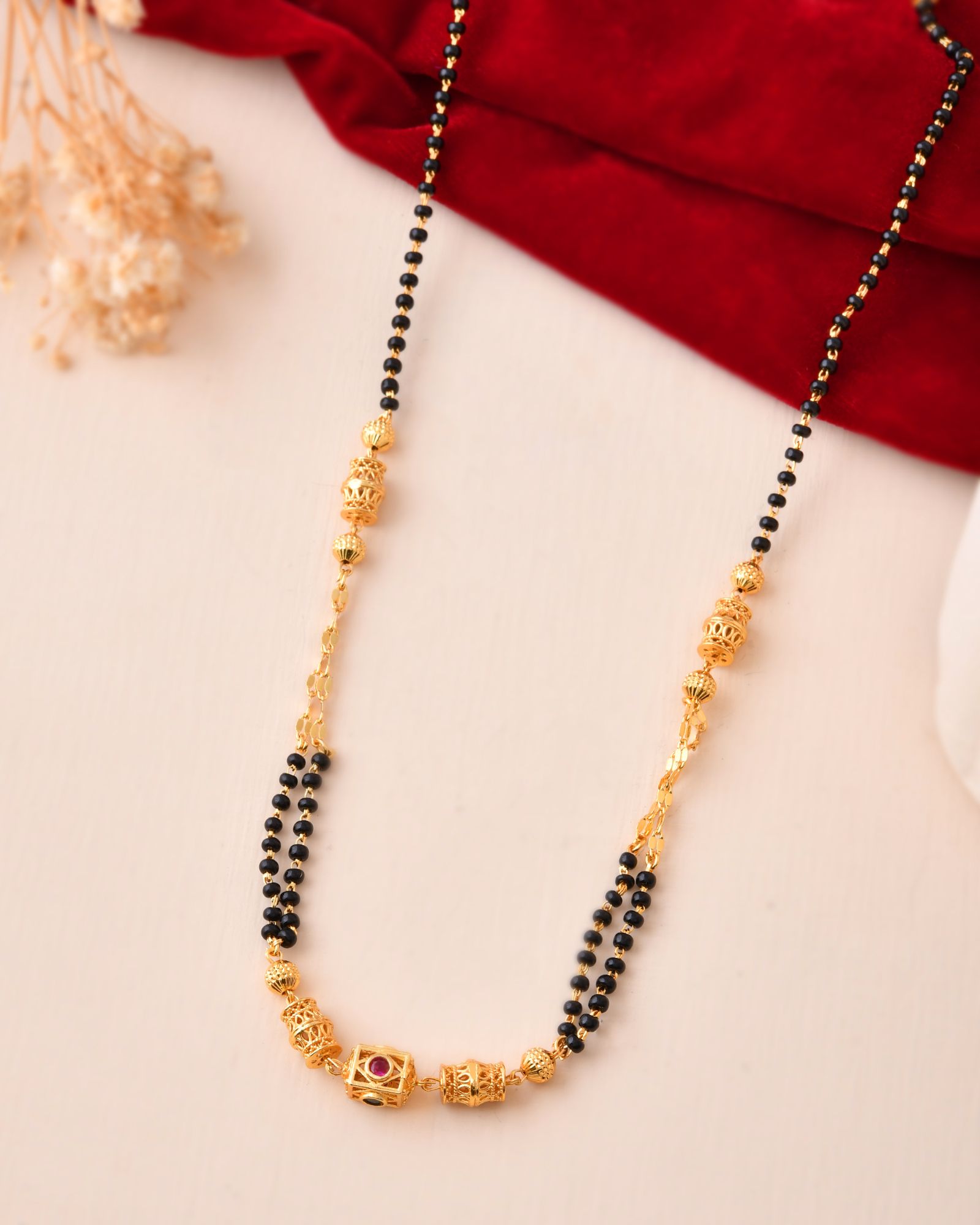 Jewels Nest Gold-Plated Black Beads Mangalsutra With Geometric Filigree Accent | Grab2Buy