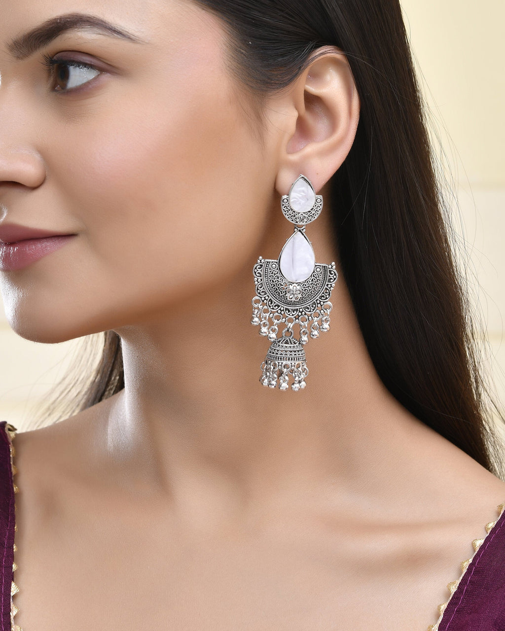 Jewels Nest Oxidized Silver Half Moon Jhumka Earrings with Intricate Design | Grab2Buy