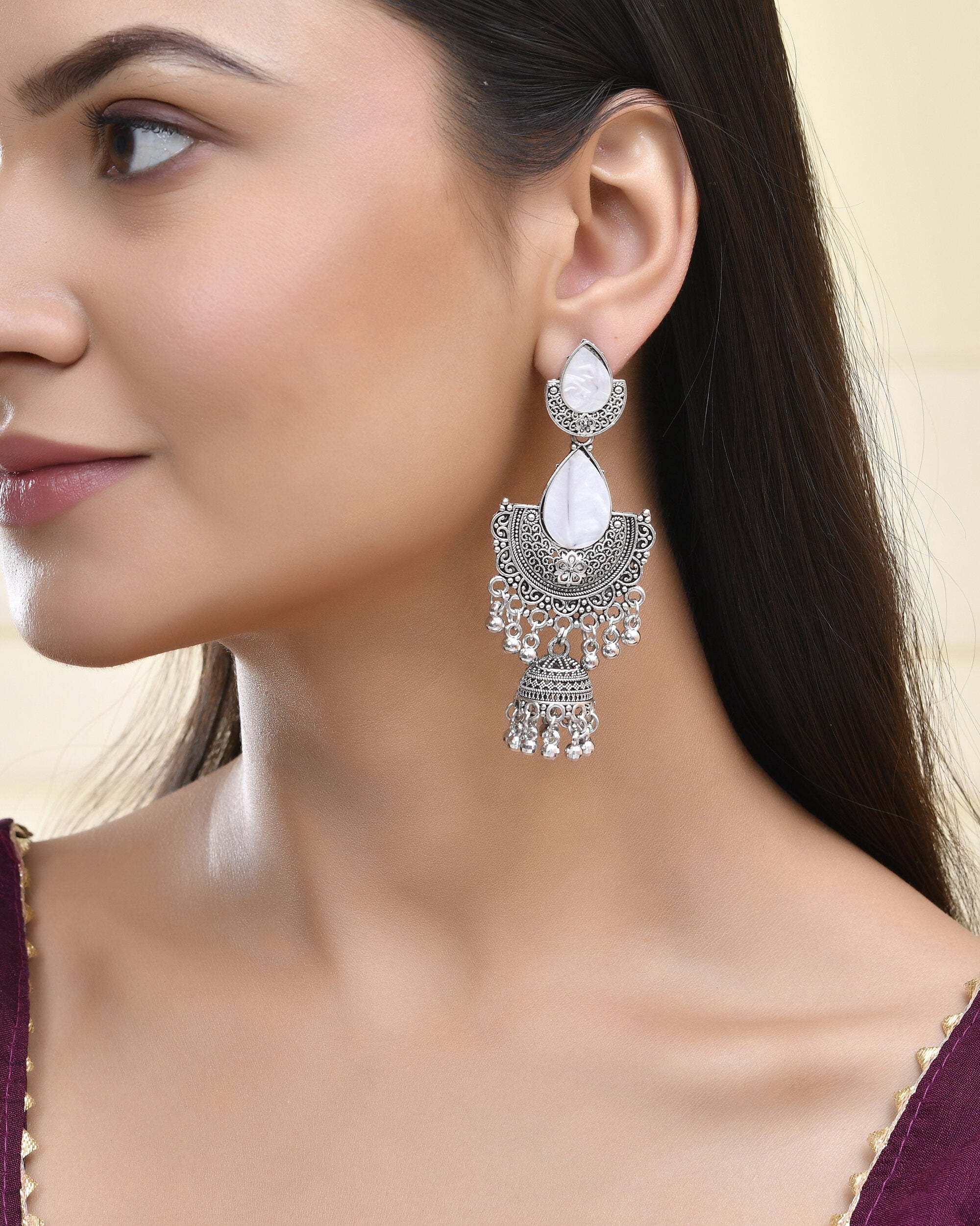 Jewels Nest Oxidized Silver Half Moon Jhumka Earrings with Intricate Design | Grab2Buy