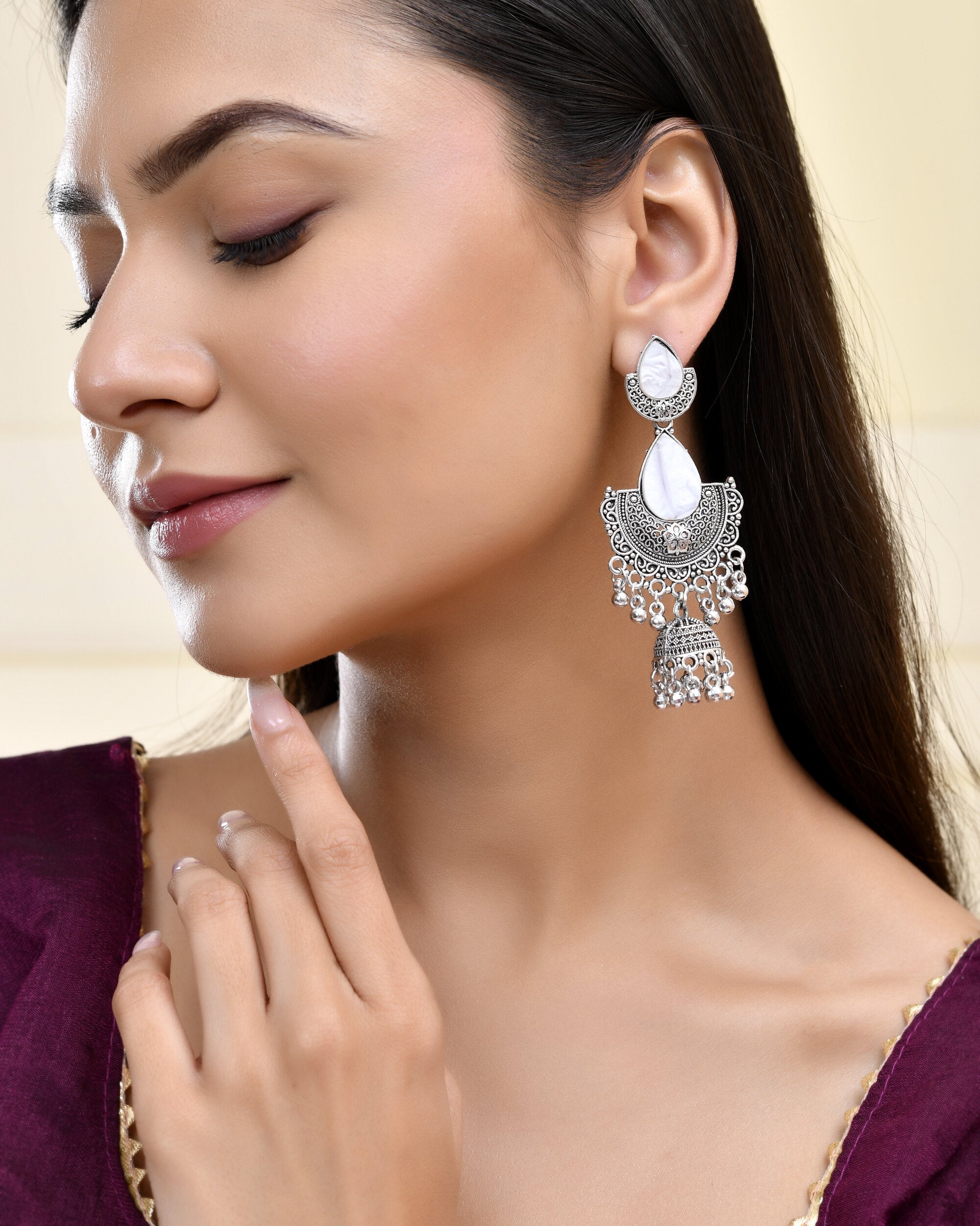 Jewels Nest Oxidized Silver Half Moon Jhumka Earrings with Intricate Design | Grab2Buy
