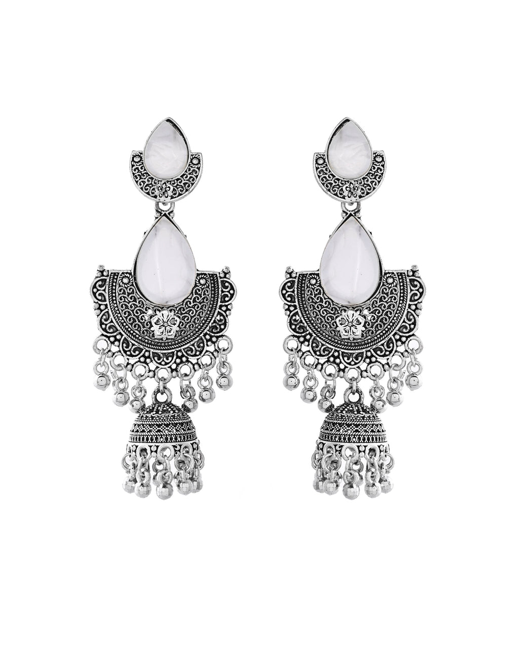 Jewels Nest Oxidized Silver Half Moon Jhumka Earrings with Intricate Design | Grab2Buy