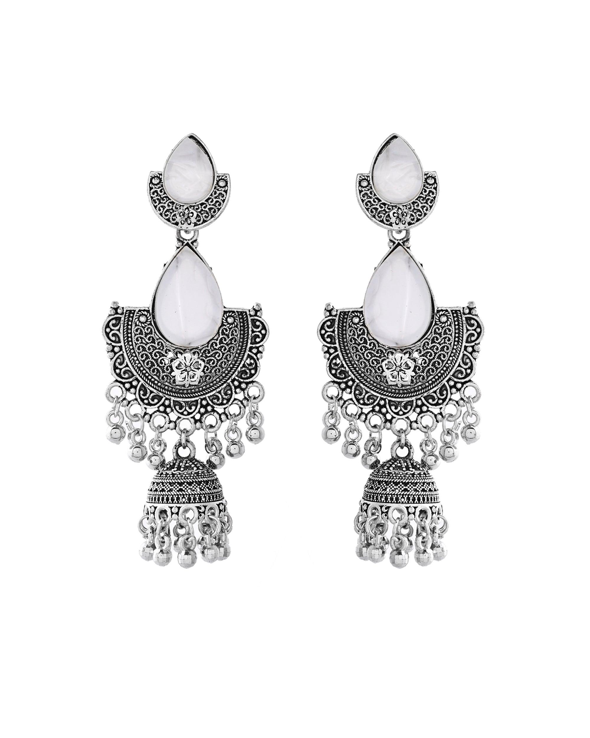 Jewels Nest Oxidized Silver Half Moon Jhumka Earrings with Intricate Design | Grab2Buy