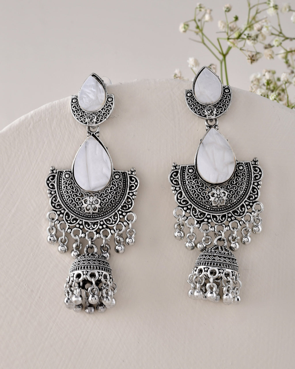 Jewels Nest Oxidized Silver Half Moon Jhumka Earrings with Intricate Design | Grab2Buy