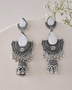 Jewels Nest Oxidized Silver Half Moon Jhumka Earrings with Intricate Design | Grab2Buy
