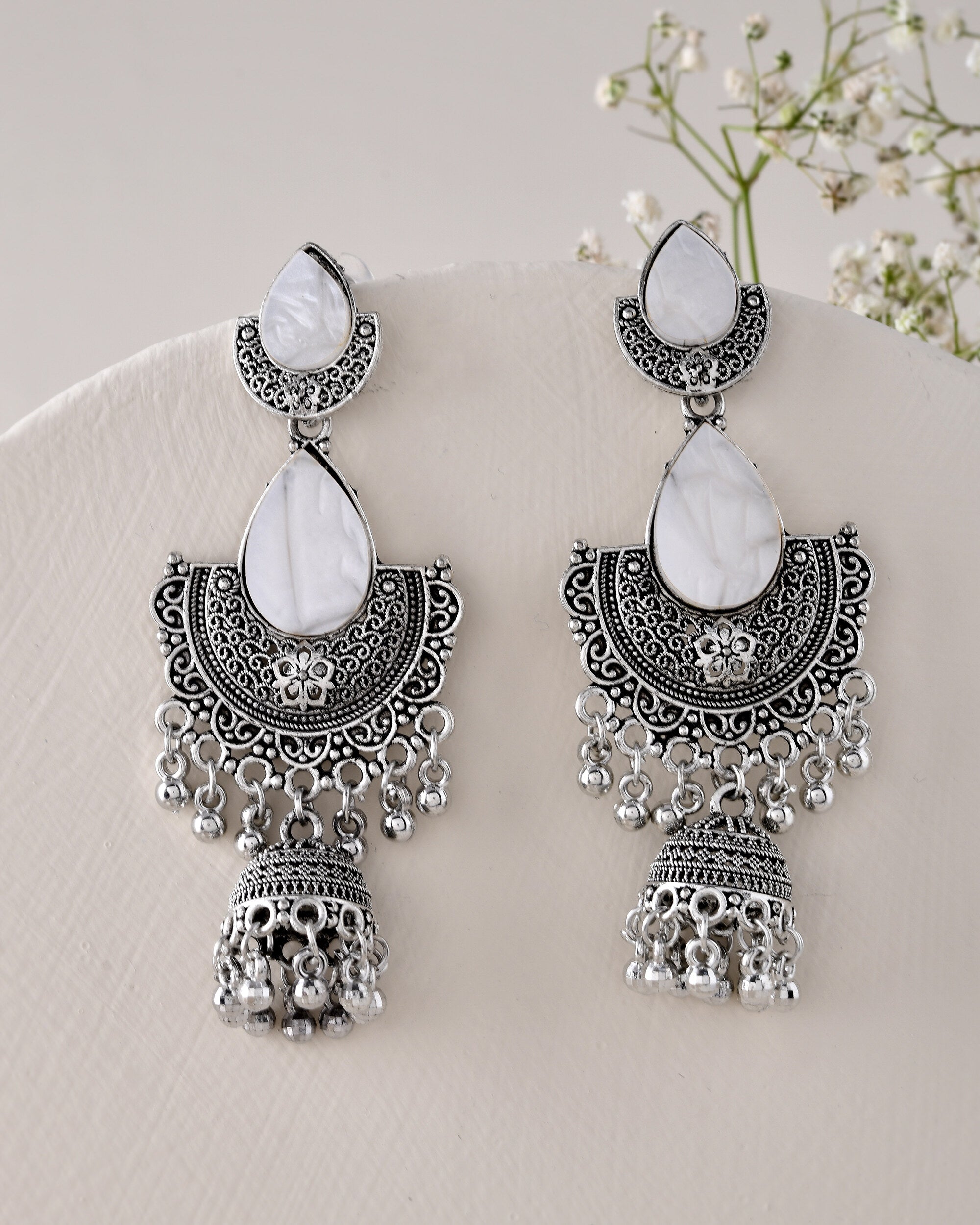 Jewels Nest Oxidized Silver Half Moon Jhumka Earrings with Intricate Design | Grab2Buy