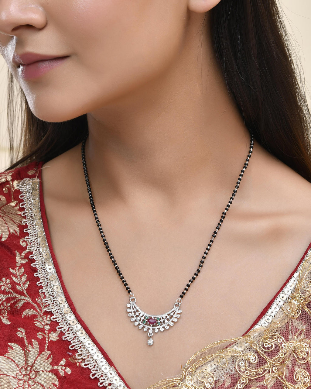 Jewels Nest Elegant Silver-Plated Mangal Sutra with Floral Crystal Pendant | Grab2Buy