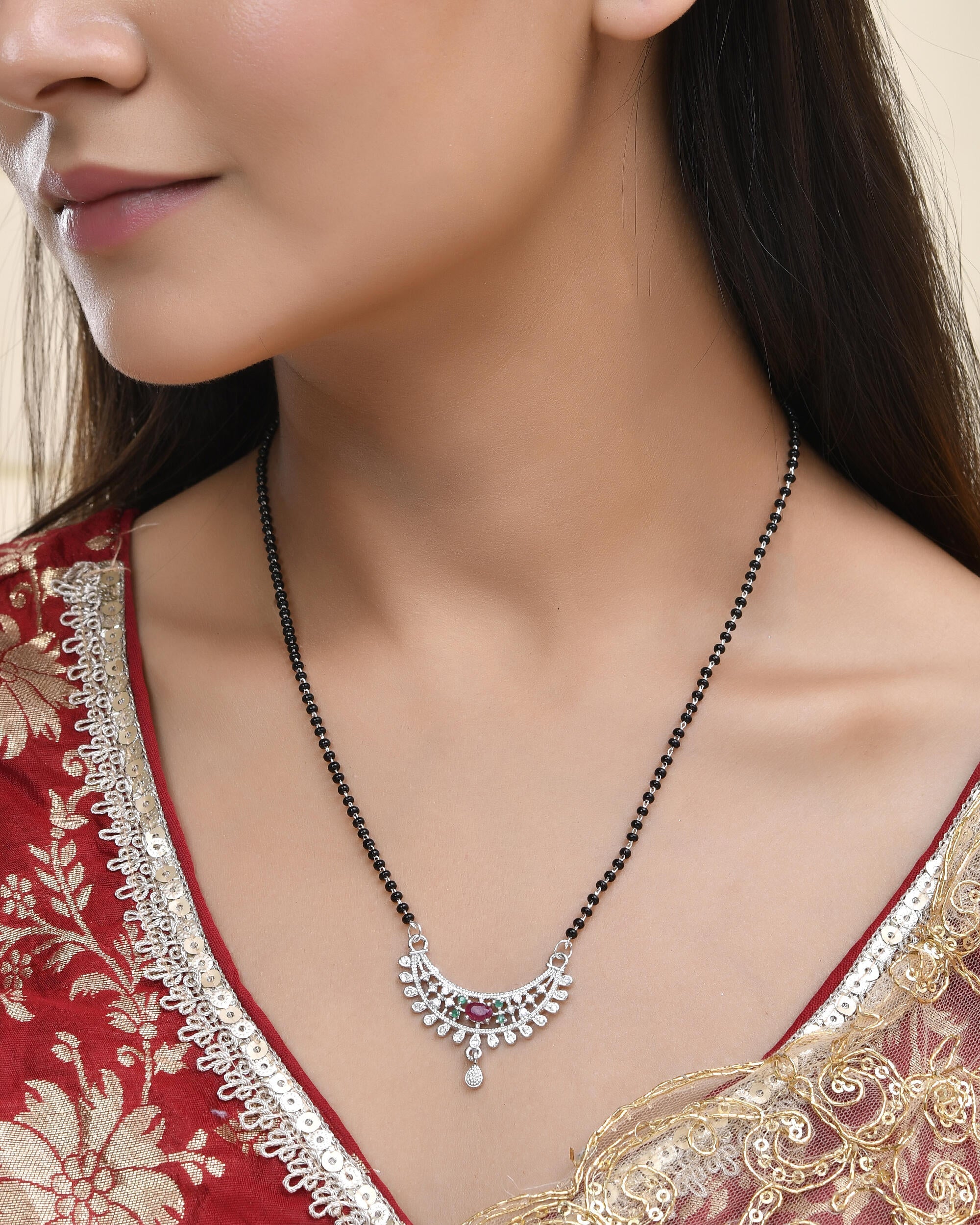 Jewels Nest Elegant Silver-Plated Mangal Sutra with Floral Crystal Pendant | Grab2Buy