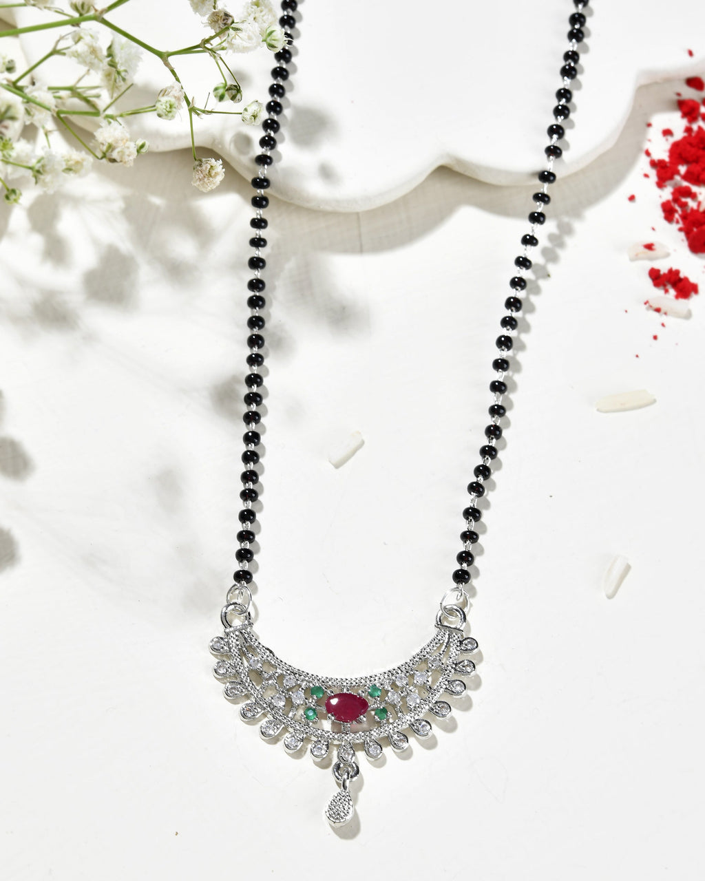 Jewels Nest Elegant Silver-Plated Mangal Sutra with Floral Crystal Pendant | Grab2Buy