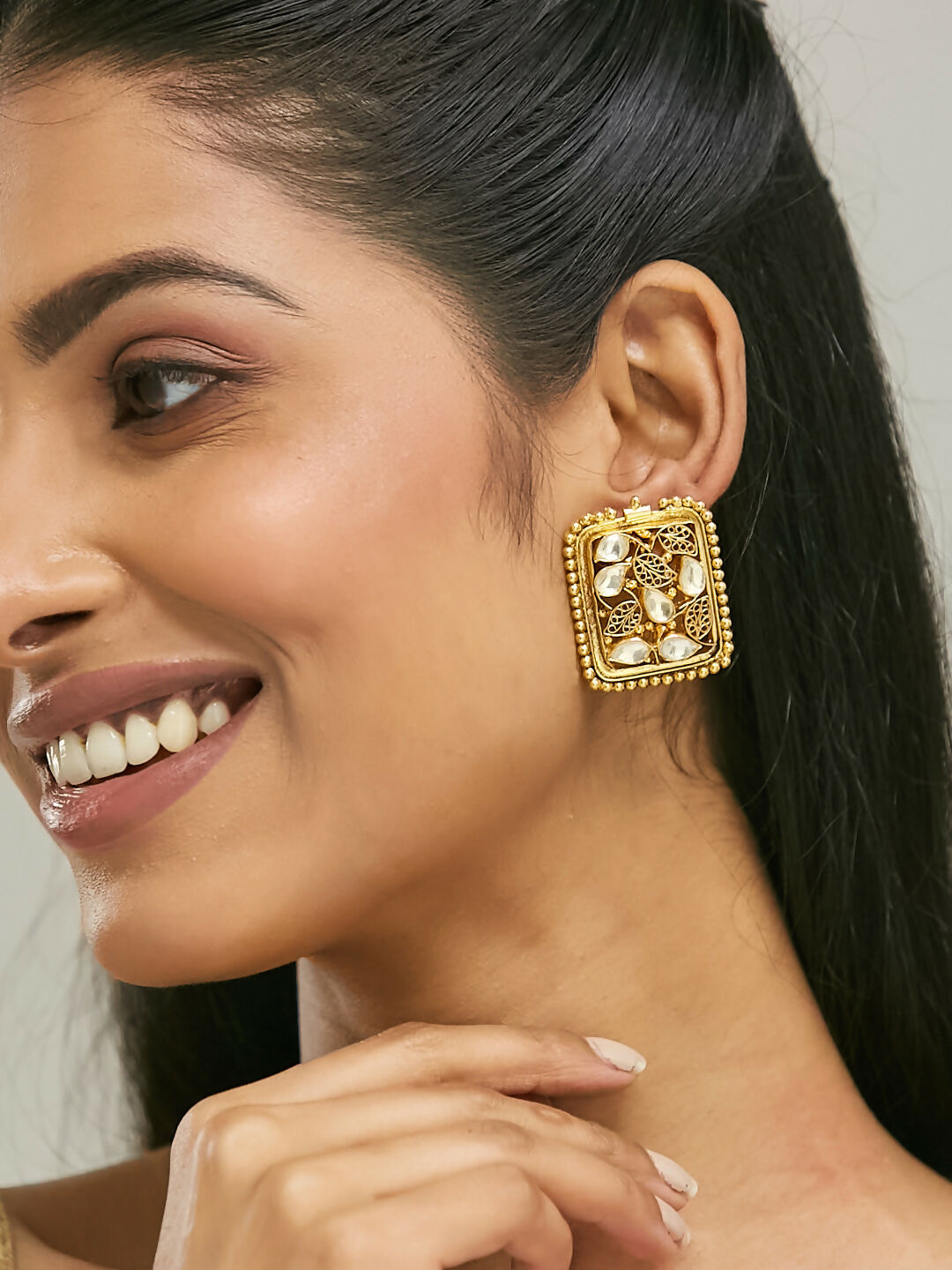 Nuyug 22K Gold-Plated Kundan & Filigree Concept Rectangular Leafy Studs | Grab2Buy