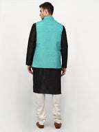 Jompers Men's Black Dupion Silk Kurta with Churidar & Nehru Jacket ( Sky ) | Grab2Buy