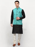Jompers Men's Black Dupion Silk Kurta with Churidar & Nehru Jacket ( Sky ) | Grab2Buy
