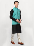 Jompers Men's Black Dupion Silk Kurta with Churidar & Nehru Jacket ( Sky ) | Grab2Buy