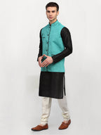 Jompers Men's Black Dupion Silk Kurta with Churidar & Nehru Jacket ( Sky ) | Grab2Buy