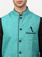 Jompers Men's Black Dupion Silk Kurta with Churidar & Nehru Jacket ( Sky ) | Grab2Buy
