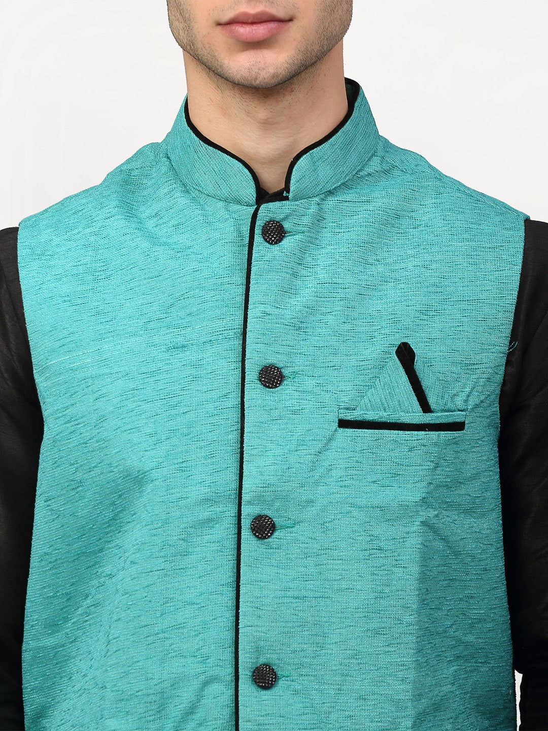 Jompers Men's Black Dupion Silk Kurta with Churidar & Nehru Jacket ( Sky ) | Grab2Buy