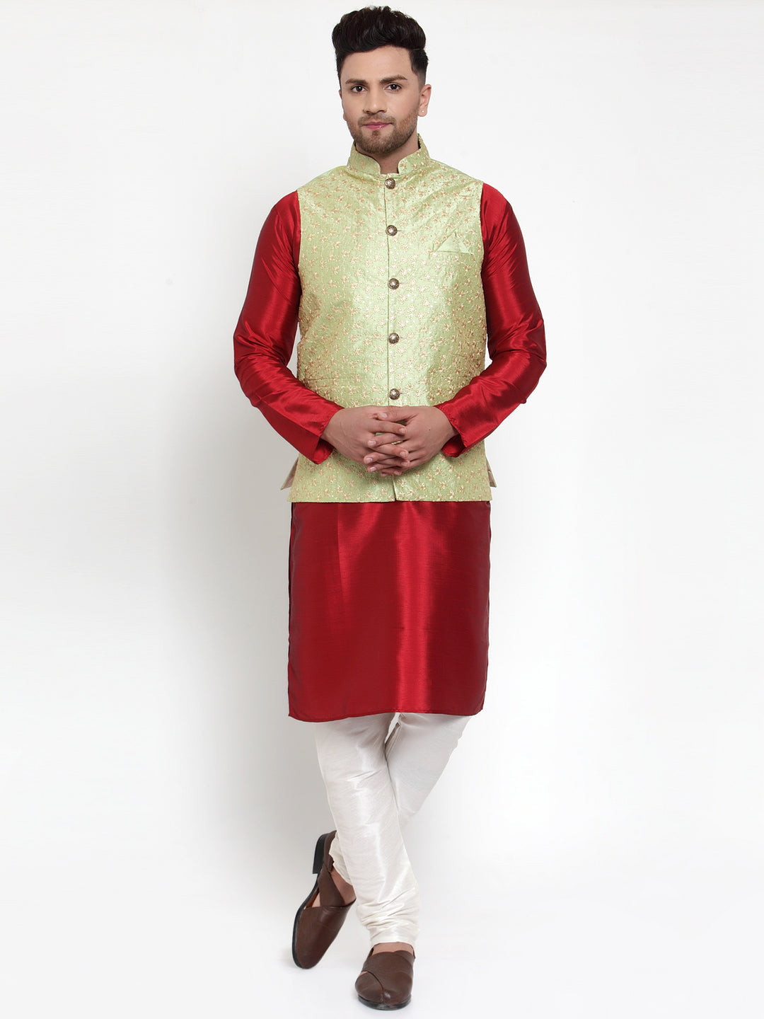 Jompers Men's Solid Dupion Kurta Pajama with Embroidered Nehru Jacket (Green) | Grab2Buy