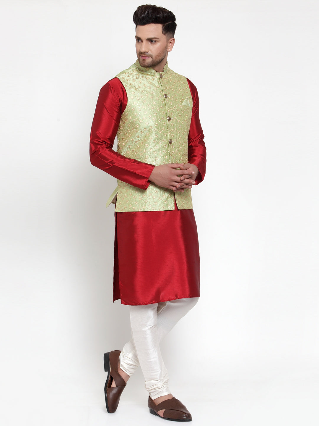 Jompers Men's Solid Dupion Kurta Pajama with Embroidered Nehru Jacket (Green) | Grab2Buy