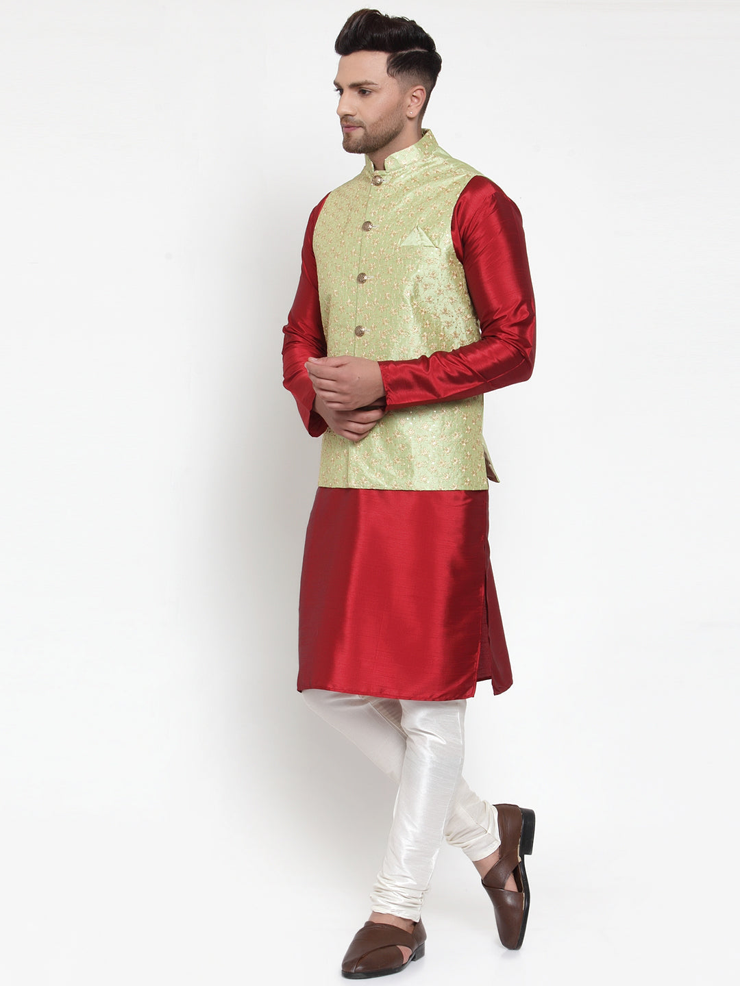 Jompers Men's Solid Dupion Kurta Pajama with Embroidered Nehru Jacket (Green) | Grab2Buy