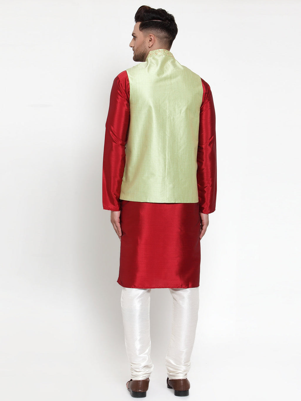 Jompers Men's Solid Dupion Kurta Pajama with Embroidered Nehru Jacket (Green) | Grab2Buy