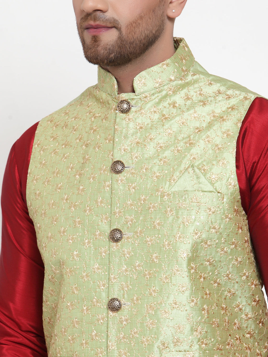Jompers Men's Solid Dupion Kurta Pajama with Embroidered Nehru Jacket (Green) | Grab2Buy
