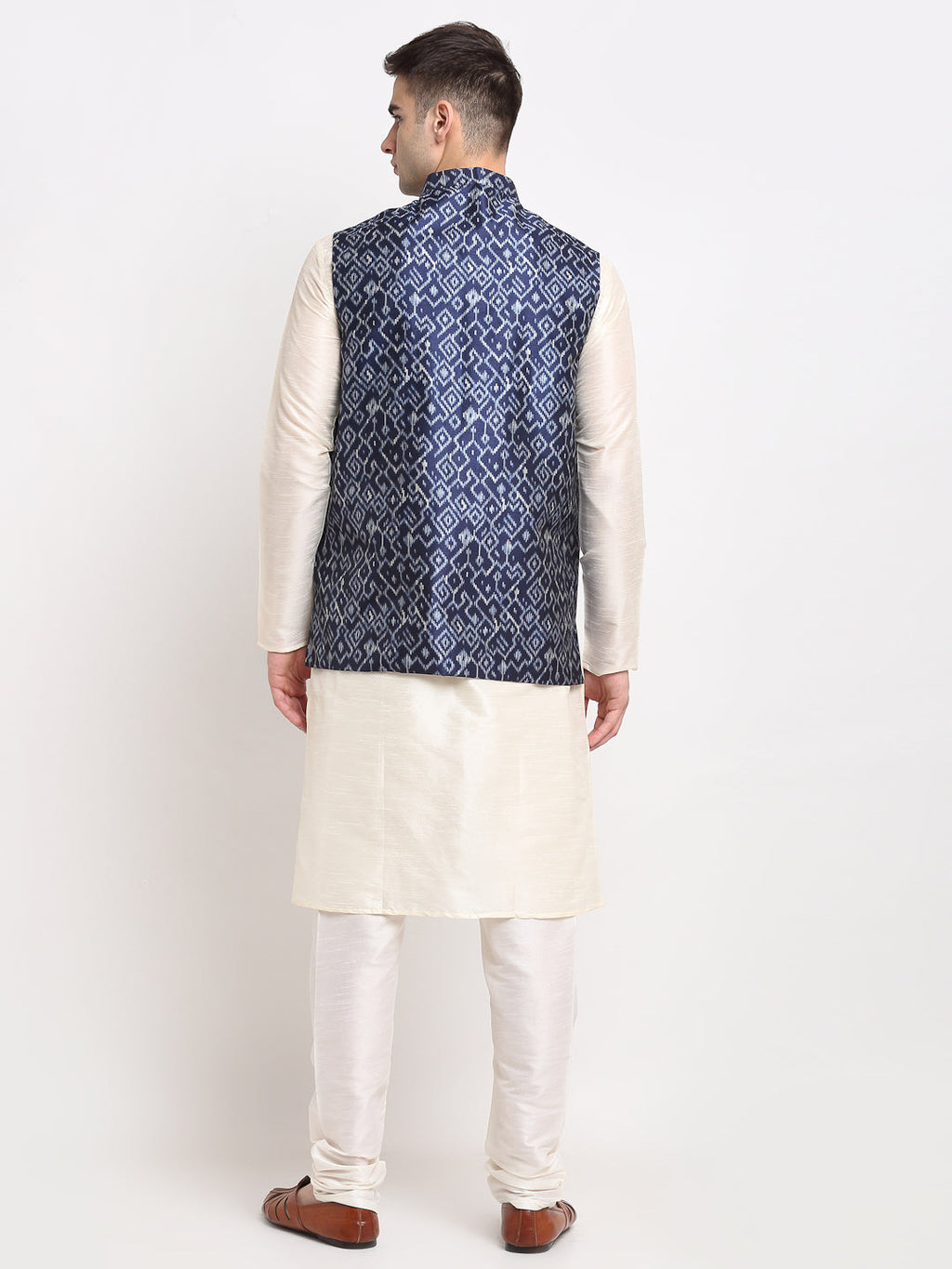 Jompers Men's Off-white Dupion Silk Kurta with Churidar&Nehru Jacket(Blue) | Grab2Buy
