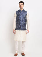 Jompers Men's Off-white Dupion Silk Kurta with Churidar&Nehru Jacket(Blue) | Grab2Buy