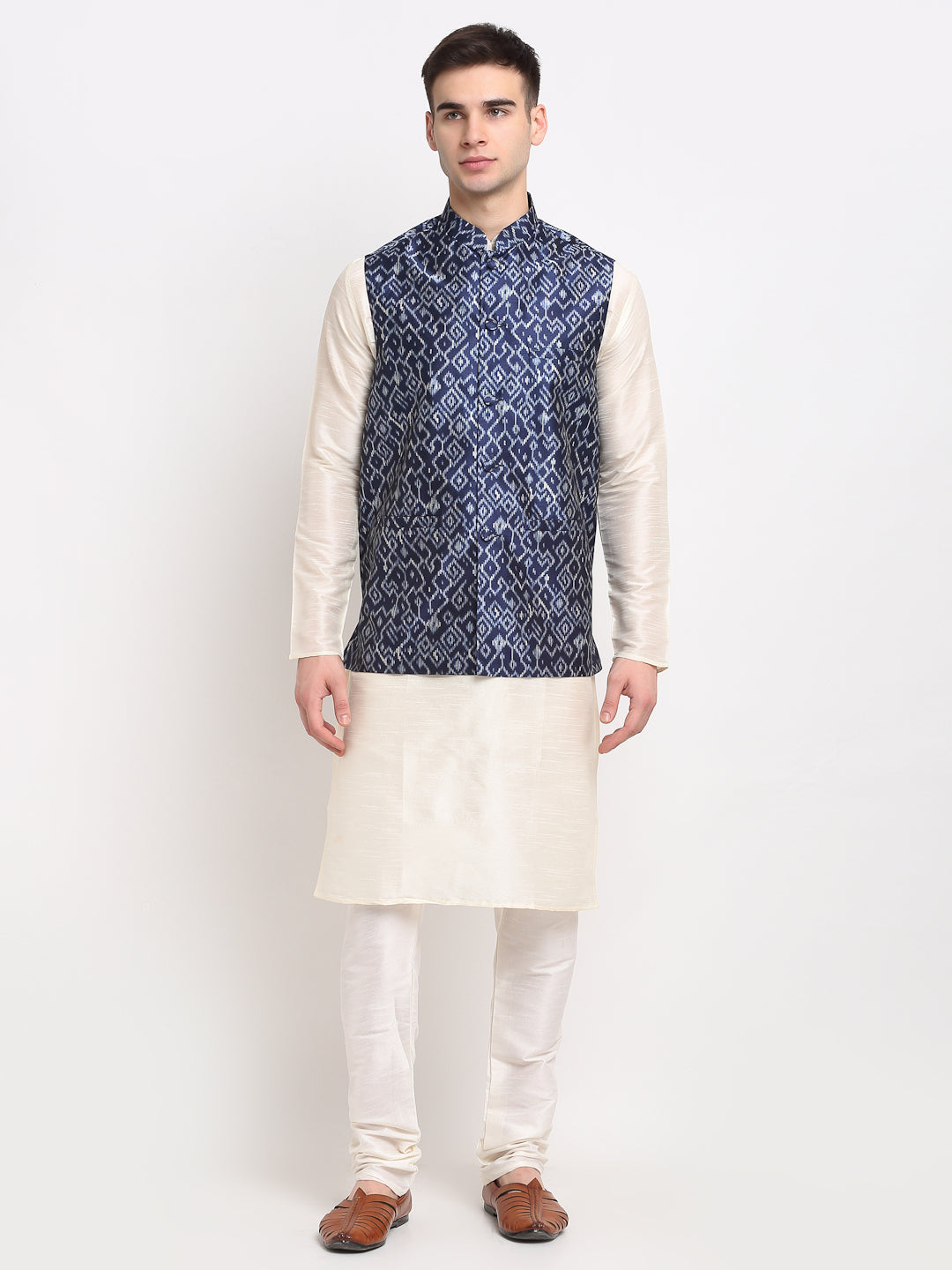 Jompers Men's Off-white Dupion Silk Kurta with Churidar&Nehru Jacket(Blue) | Grab2Buy