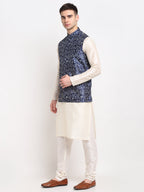 Jompers Men's Off-white Dupion Silk Kurta with Churidar&Nehru Jacket(Blue) | Grab2Buy