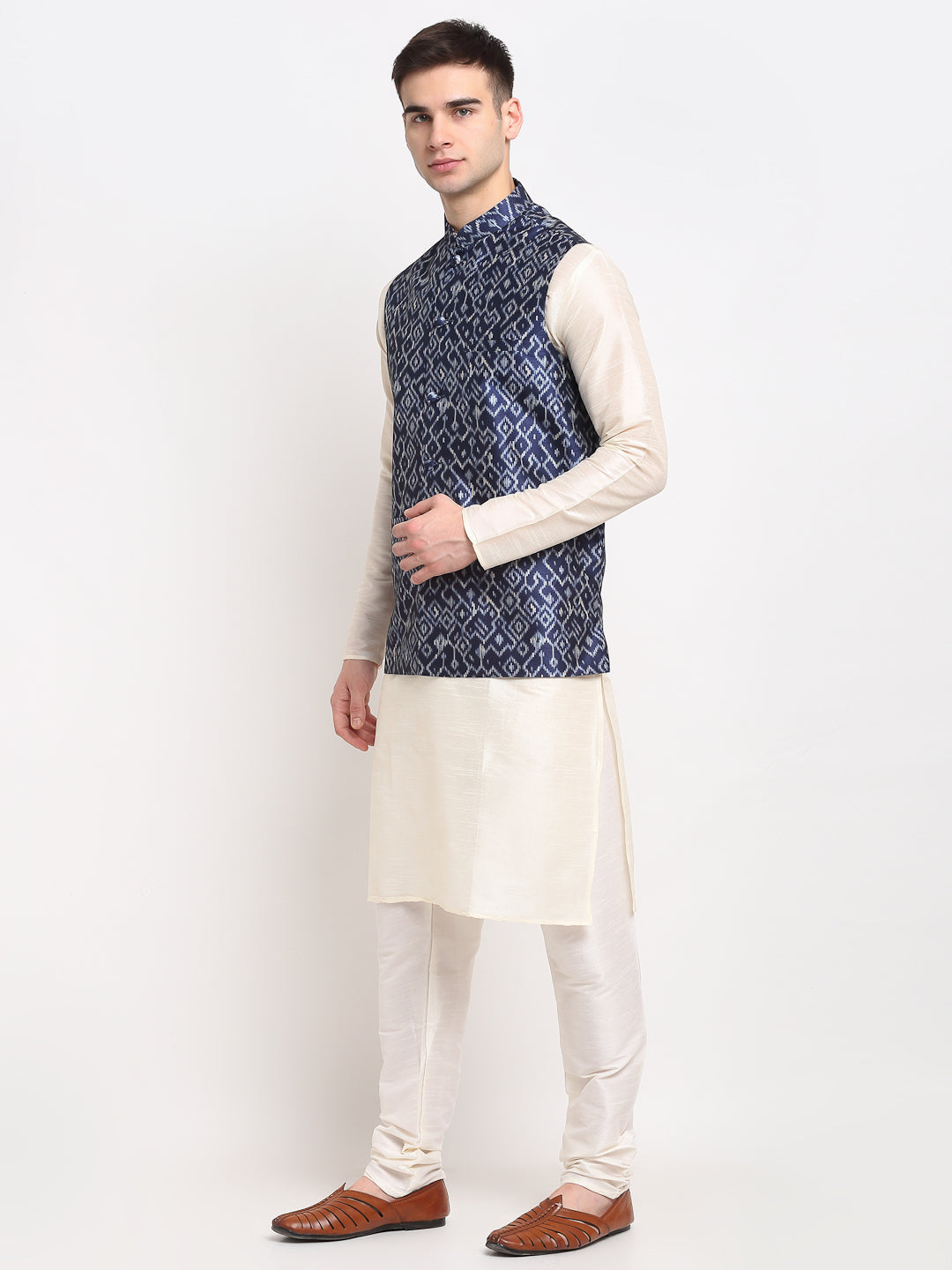 Jompers Men's Off-white Dupion Silk Kurta with Churidar&Nehru Jacket(Blue) | Grab2Buy