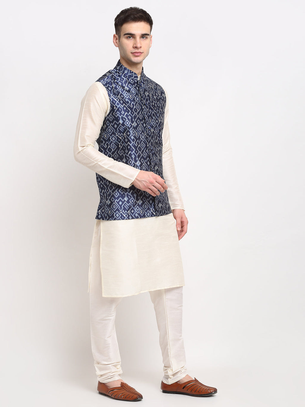 Jompers Men's Off-white Dupion Silk Kurta with Churidar&Nehru Jacket(Blue) | Grab2Buy