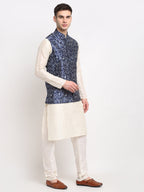Jompers Men's Off-white Dupion Silk Kurta with Churidar&Nehru Jacket(Blue) | Grab2Buy