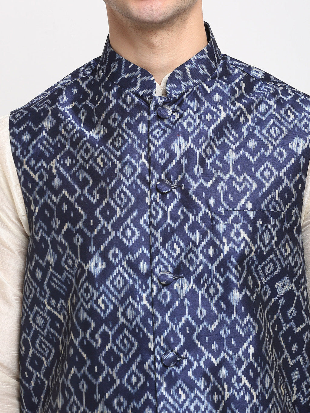 Jompers Men's Off-white Dupion Silk Kurta with Churidar&Nehru Jacket(Blue) | Grab2Buy