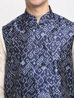 Jompers Men's Off-white Dupion Silk Kurta with Churidar&Nehru Jacket(Blue) | Grab2Buy