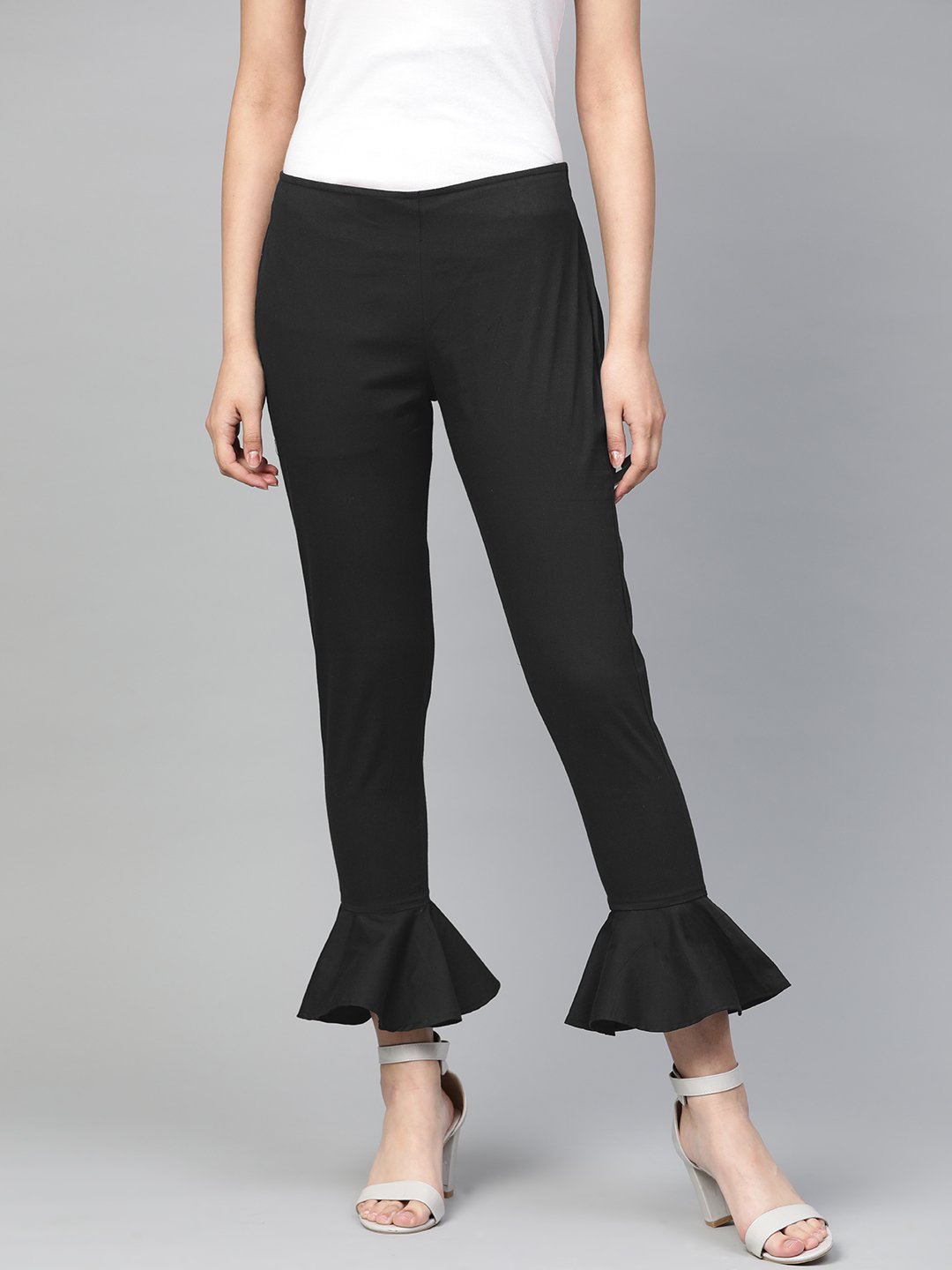Jompers Women Black Smart Slim Fit Solid Bottom Flared Trousers | Grab2Buy