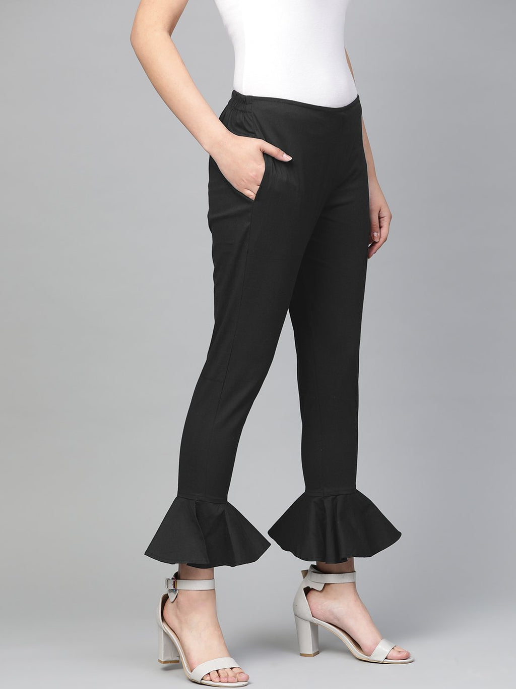 Jompers Women Black Smart Slim Fit Solid Bottom Flared Trousers | Grab2Buy