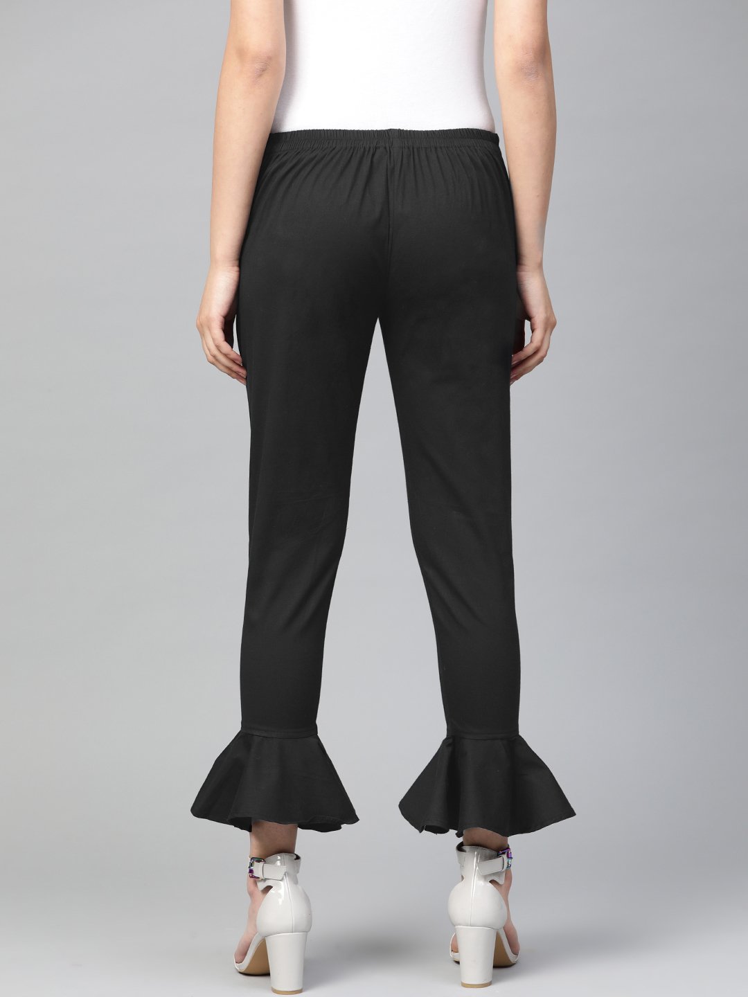 Jompers Women Black Smart Slim Fit Solid Bottom Flared Trousers | Grab2Buy
