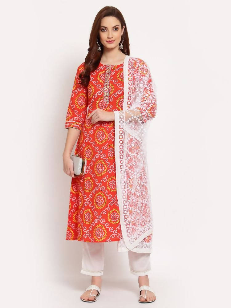 Myshka Women's Orange Printed Cotton 3/4 Sleeve Round Neck Casual Kurta Pant Dupatta Set | Grab2Buy
