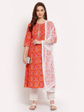 Myshka Women's Orange Printed Cotton 3/4 Sleeve Round Neck Casual Kurta Pant Dupatta Set | Grab2Buy