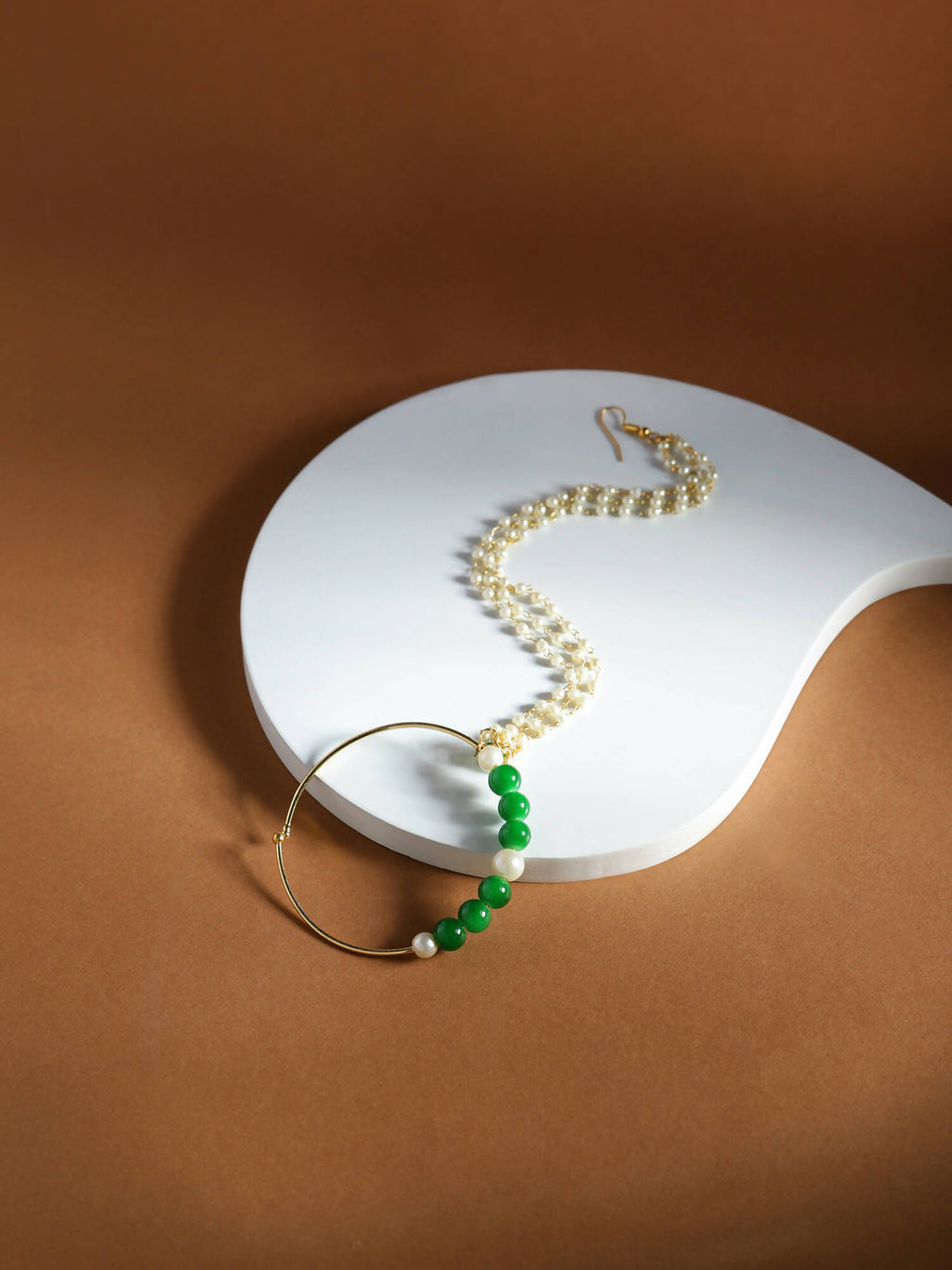Gold-Polished White Green Stone-Studded Pearl Beaded Nosepin - Ruby Raang | Grab2Buy