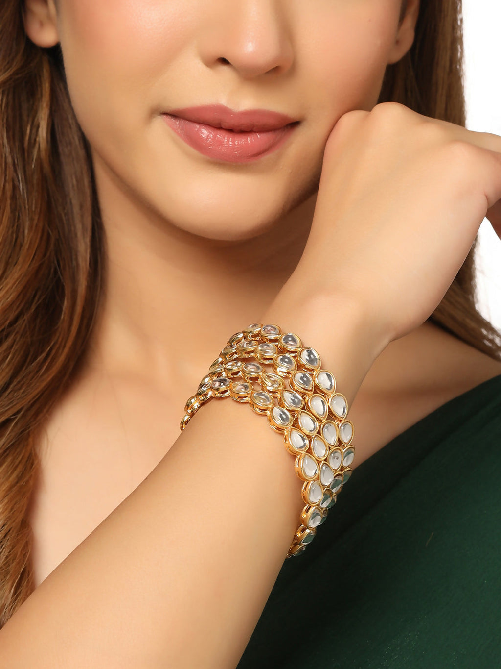 NVR Women's Set of 2 Gold-Polished Kundan Studded Traditional Bangles | Grab2Buy
